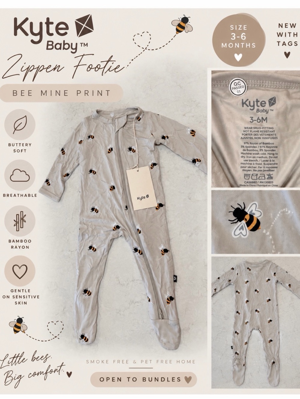 🐝 Kyte Baby “Bee Mine” Zipper Footie – 3–6M – NWT